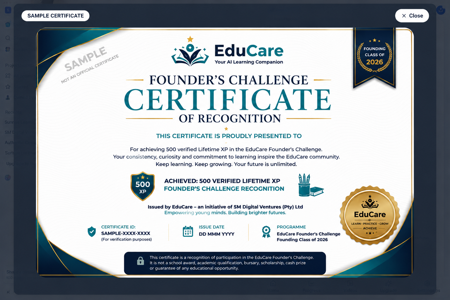 Sample EduCare Founder's Challenge Certificate of Recognition, marked as a sample preview