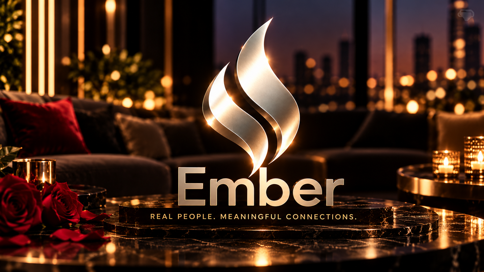 Ember metallic flame logo and champagne-gold wordmark in a candlelit lounge with roses, with the tagline Real people. Meaningful connections.