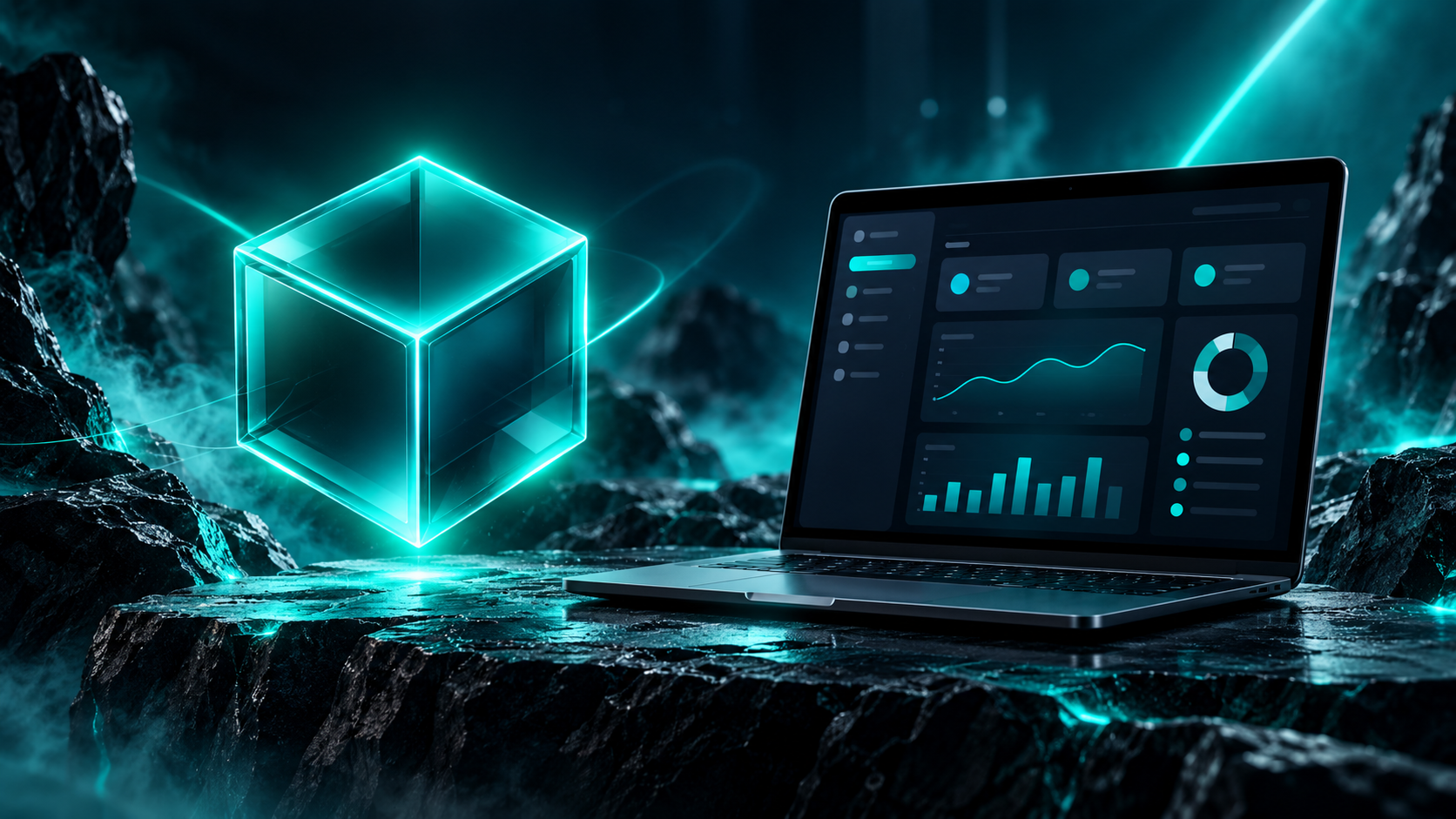Glowing teal glass cube beside a laptop showing an organisational dashboard, on dark volcanic rock